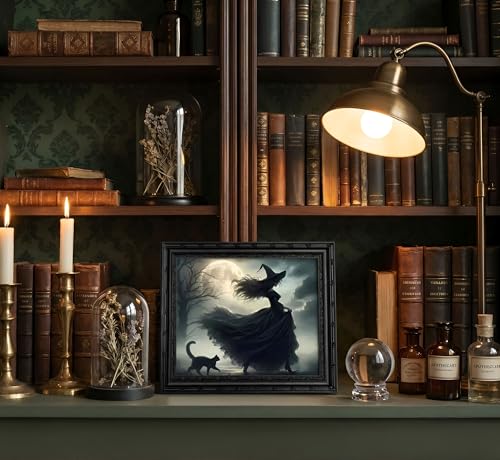 Halloween Witch Canvas Wall Art - Black Framed 12x16in with Black Cat & Moon - Variation: Witch Black Cat 16"L x 12"W
