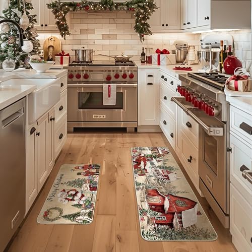 Christmas Kitchen Rugs Set 2 Pcs Non Slip Washable Holiday Home Decor
