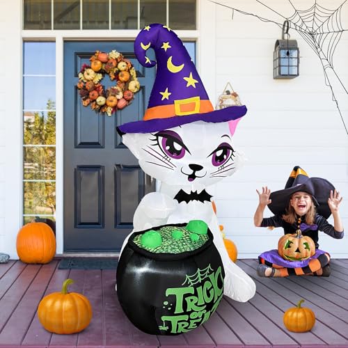 5FT Halloween Inflatable Cat with Witch Cauldron Yard Decor with LED Lights