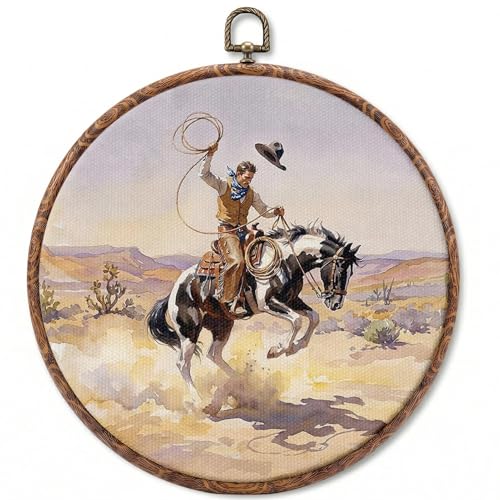 Western Cowboy Round Wall Art Decor 10x10 Inch Framed Print - Rustic Horse Scene