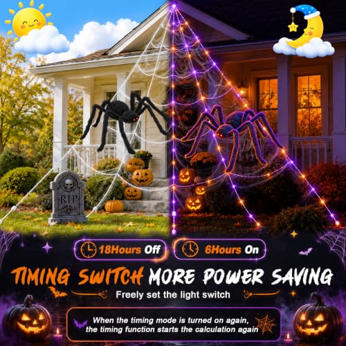 Outdoor Halloween Spider Web Lights with Fake Spiders - Waterproof, 8 Modes