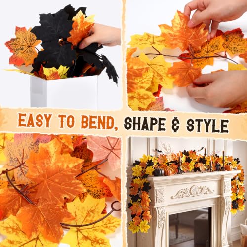 Halloween Garland Set - 8 Black and Orange Maple Leaf Garlands 26ft Fall Decor