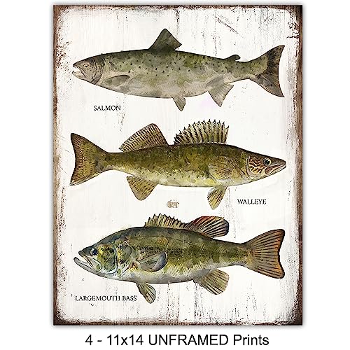 11x14 Fishing Wall Art Set - Lake Mountain House Decor - Rustic Bass & Trout Prints - Unframed Gift Idea - Variation of THIS listing