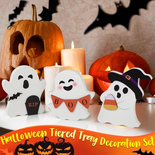 Cute Ghost Halloween Decorations Indoor Set - Wooden Tiered Tray Signs, B