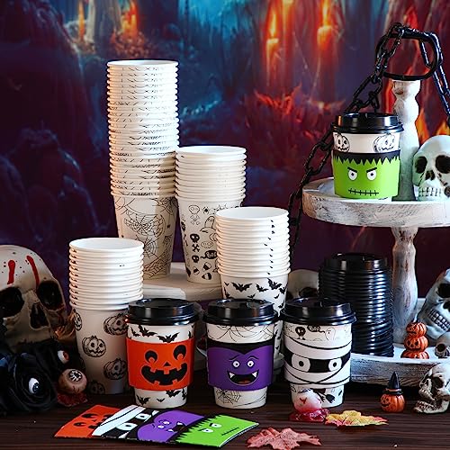 Umigy 100 Pack Bat Style Halloween Disposable Coffee Cups 12 oz with Lids & Sleeves