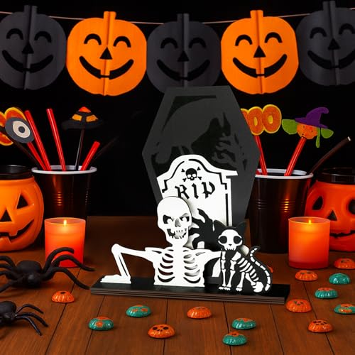 Halloween Indoor Wooden Black Cat Skeleton Centerpiece - Home Table Decor