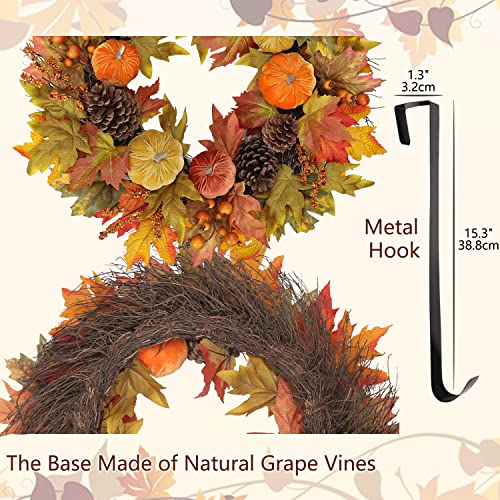 Fall Wreath 26 Inches - Autumn Velvet Pumpkin & Maple Leaf Front Door Decor - Large Harvest Thanksgiving Halloween Wreath - Briful Variation