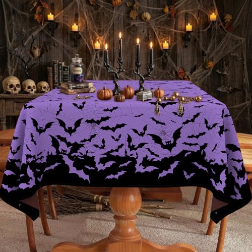 Halloween Rectangle Tablecloth 60 x 84 Inches with Spiderweb and Bat Design - Purple
