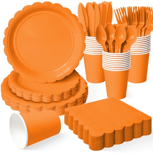 Orange Paper Plates and Napkins Party Set - 175 Pieces for Fall & Halloween