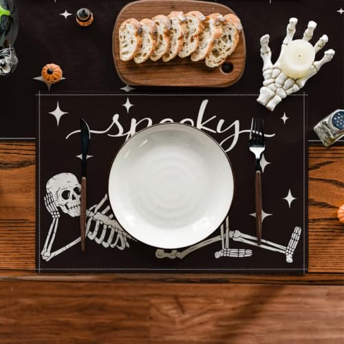 Halloween Skeleton Placemats Set of 4 12x18 Inch Table Mats for Party Dining Decor - Black & Beige