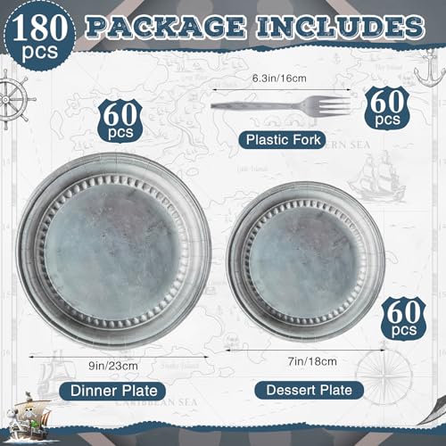 Medieval Party Supplies Set - Pewter Silver Plates & Plastic Forks, Retro Style, Serves 60