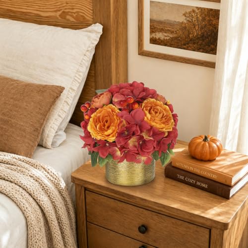 Artificial Fall Rose Hydrangeas with Golden Pot - Autumn Home Decor, Realistic Faux Flowers, Table Centerpiece