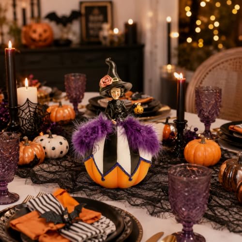 Halloween Witch Figurine with Pumpkin and Basket - Black and White Home Decor