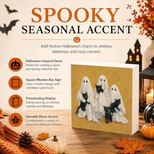 Halloween Wood Box Decor - Ghosts and Black Cats Sign - Style 34 - 5x5 Inch