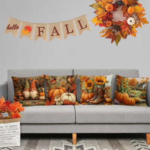 14x14 Fall Pillow Covers Set of 4 Farmhouse Thanksgiving Pumpkins Sunflowers Autumn Leaves Gnome Decor - A-fall 32