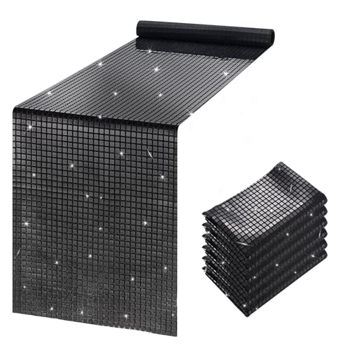 Black Disco Party Table Runners 6 Pack 12x72 Inches - Sequin & Polyester