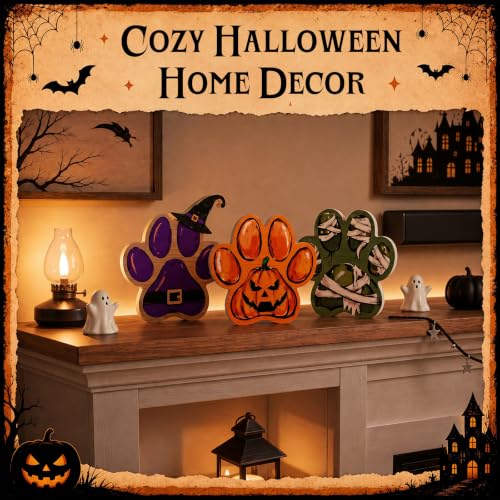 Halloween Pet Paw Print Wooden Table Decor Set - Whimsical Indoor Halloween Decorations