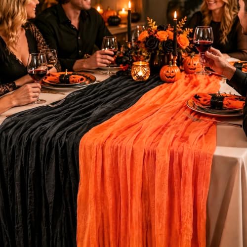 Halloween Cheesecloth Table Runner Black Orange 2 Pack - Trick or Treat Party Decor