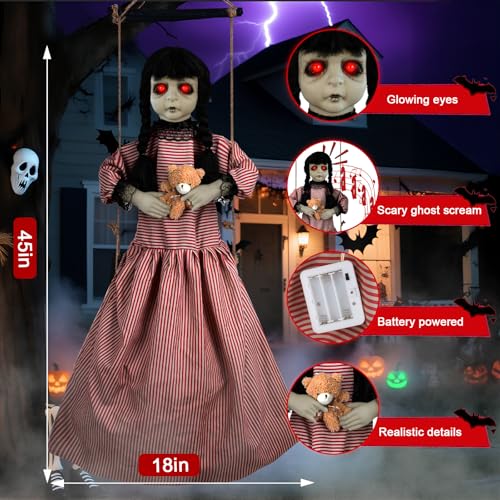 Halloween Hanging Girl Decoration with Glowing Eyes and Sound, Outdoor Haunted House Prop