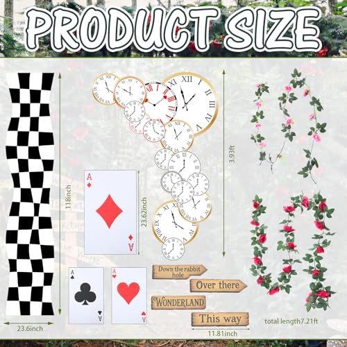 Wonderland Tea Party Decoration Set - 22 Pcs Birthday & Photo Backdrop with Clock Curtain & Rose Vines - Fresh