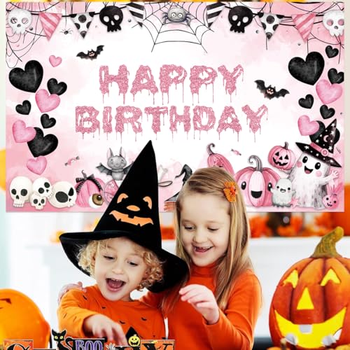 Halloween Birthday Banner Decorations Pink Halloween Party Backdrop