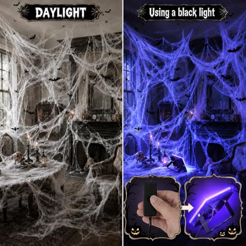 Halloween Spider Web Decorations with Black Light Lamp - 1000 Sq Ft Coverage, Includes Fake Spiders & Bats