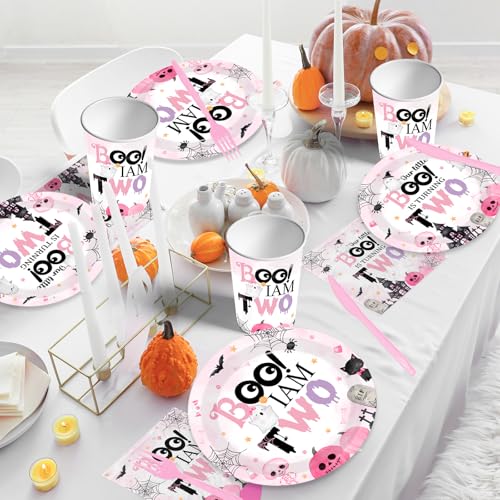 Halloween Pink Ghost Party Supplies Set for Girls' 2nd Birthday - Plates, Napkins, Cups & Cutlery
