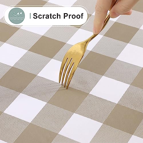 Waterproof Vinyl Rectangular Tablecloth - Flannel Backed, 120x60 Inches, Khaki & White