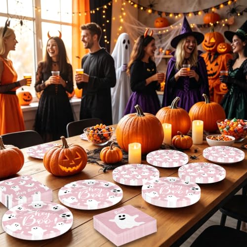 Halloween Ghost Paper Plates and Napkins Set - Multicolor, Serve 60 Guests