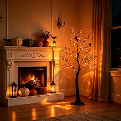 Black Halloween Tree with Lights - 4FT Spooky Indoor Outdoor Decoration with 150 Orange Fairy Lights - Variation: Black 150L Tree