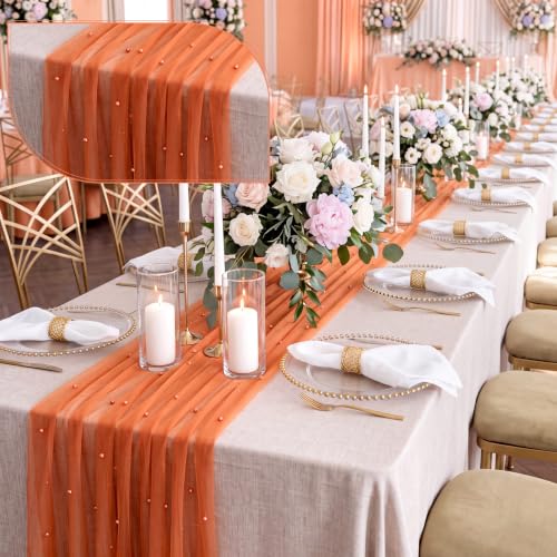 Orange Fall Gauze Pearl Table Runner 10ft Set for Holiday & Event Decor