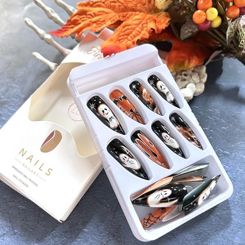 Halloween Press On Nails Long Ghost Bat Spider Pattern - Variation 14