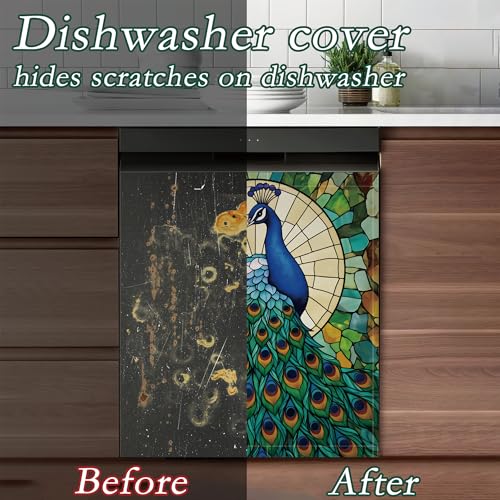 Green Peacock Dishwasher Magnet Cover - Decorative Refrigerator Front Panel - 23x26 Inch
