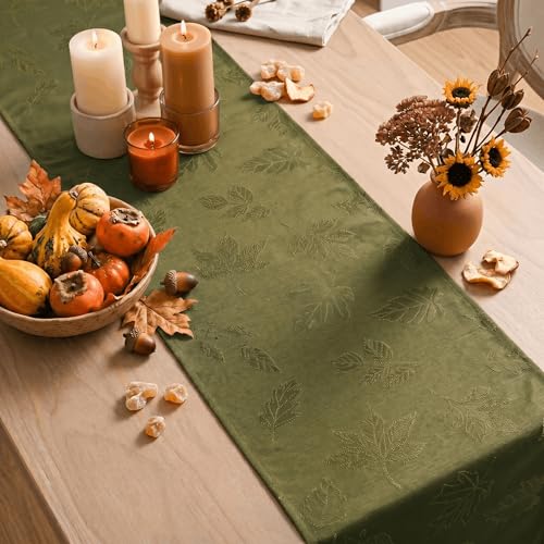Maple Leaf Moss Green Granular Jacquard Table Runner 13x72 Inch – Durable Home Decor