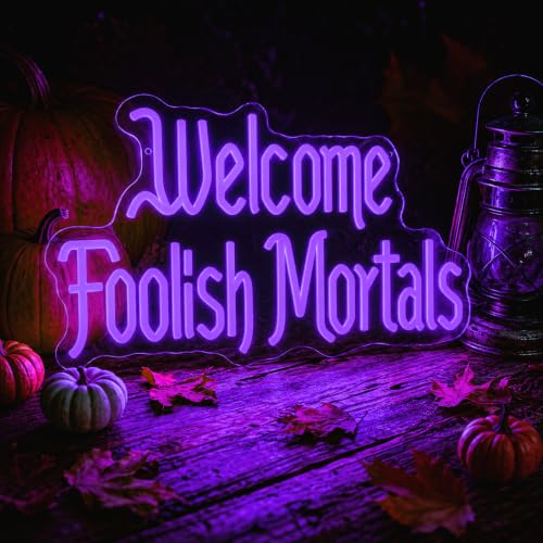 Purple Welcome Foolish Mortals Neon Sign Gothic Haunted House LED Lights - Dimmable USB