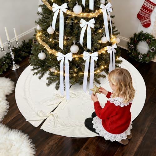 White Boho Cable Knit Christmas Tree Skirt - Small 36 Inch Rustic Farmhouse Decor