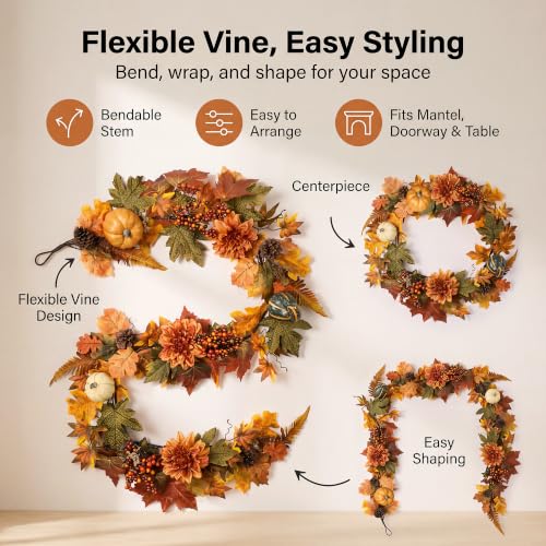 Fall Garland with Maple Leaves, Pumpkins & Pine Cones - Style 1 - 6 Ft Autumn Decor