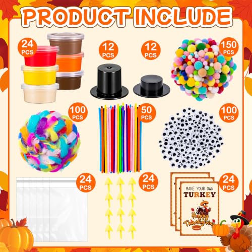 Thanksgiving Turkey Craft Kit with Air-Dry Clay and Accessories – 24 Pack