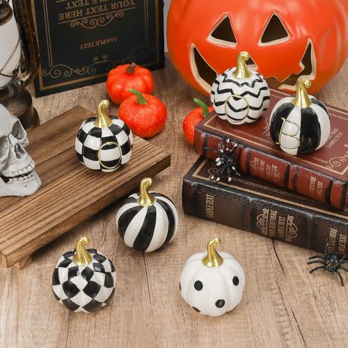 Ceramic Halloween Pumpkin Decor Set - 6 Black & White Buffalo Plaid, Polka Dots & Stripes, Fall & Thanksgiving Decor