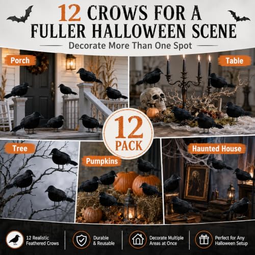 12 Pack Halloween Black Crows and Raven Decorations - Realistic Faux Birds for Haunted House & Gothic Decor