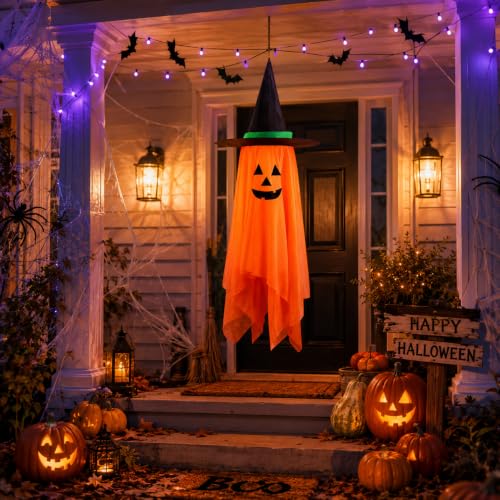 Halloween Ghost Hanging Decor - Foldable Cloth Witch Hat with Lanyards, 39.4 Inch, Reusable for Tree Porch Yard Ceiling Wall