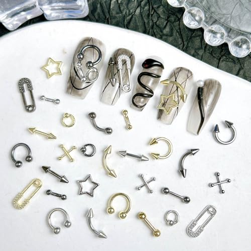 Gray 80 Pcs Piercing Nail Charms Set - 3D Gold Silver Alloy Goth Punk Nail Art