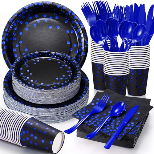 Black and Blue Disposable Party Tableware Set for 80 Guests