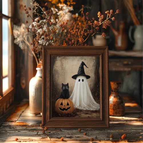 Halloween Ghost and Black Cat Wall Art - 8x10 Inch Canvas Print - Variation: Ghost and Black Cat