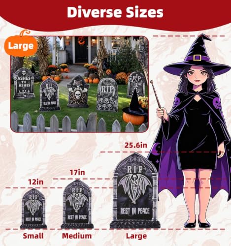 25.6 Inch Halloween Tombstones Outdoor Graveyard Decorations 5-Pack - Weatherproof Plastic, Spooky Cemetery Props, Stable Stakes