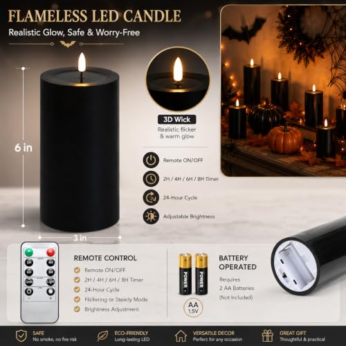Black Real Wax Flameless Candles with Remote Control - 4 Pack, Halloween Decor