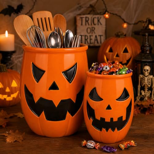 Yellow Halloween Ceramic Pumpkin Utensil Crock Set - Large & Small Kitchen Organizer with Jack O Lantern Design