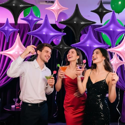 Black Purple Pink Star Balloons Set - 12 Pcs Foil Party Decorations with Variations