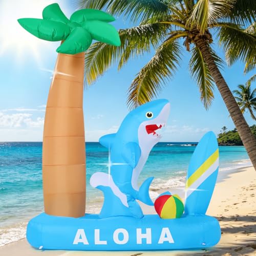 Inflatable Shark Pool Decor with Palm Tree & LED Lights - Summer Yard Decoration