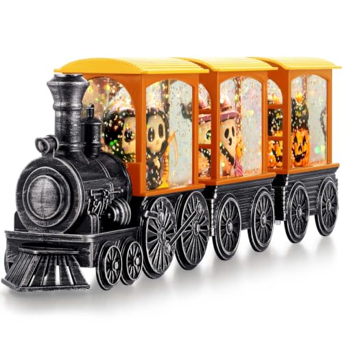 Halloween Snow Globe Lantern with Skeleton, Train Scene, Timer, Indoor Decor - Halloween Train Variation